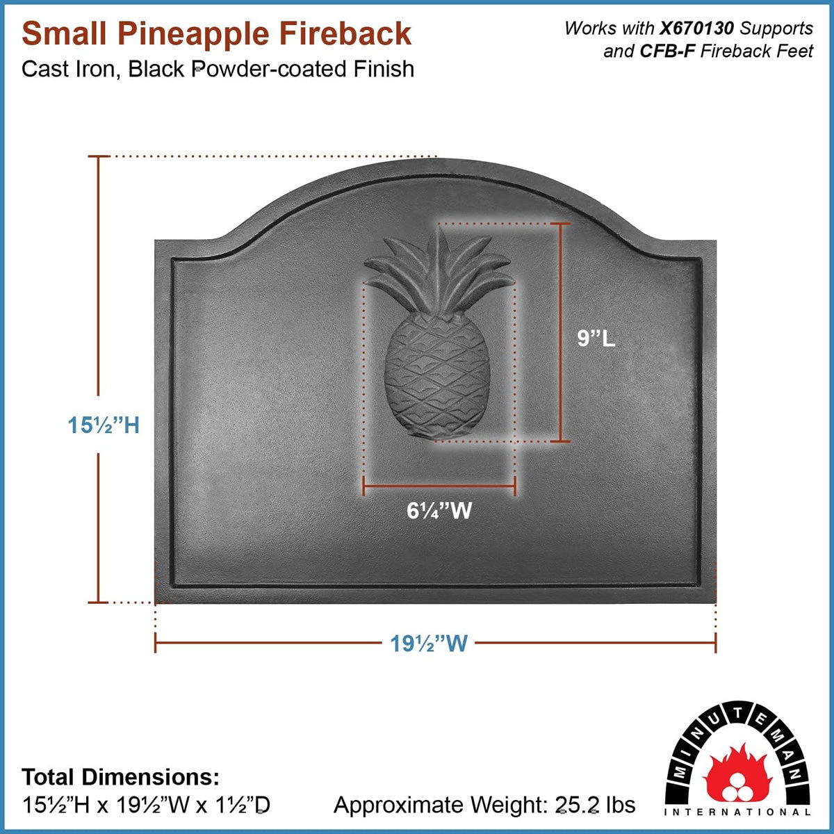 Pineapple Cast Iron Fireback - 19.5" W x 15.5" H