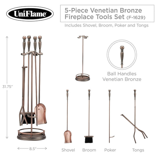 5 Piece Venetian Bronze Fireplace Tool Set with Ball Handles - F-1629