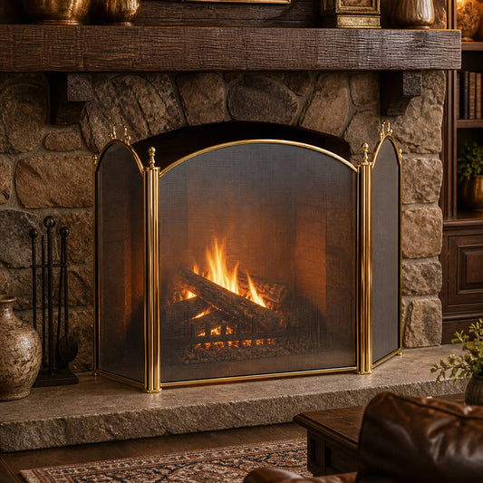 3 Fold Large Diameter Fireplace Screen - Polished Brass