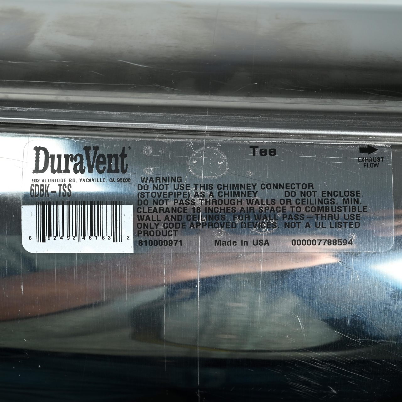 6" DuraBlack Stainless Steel Tee w/Clean-Out Cap - 6DBK-TSS