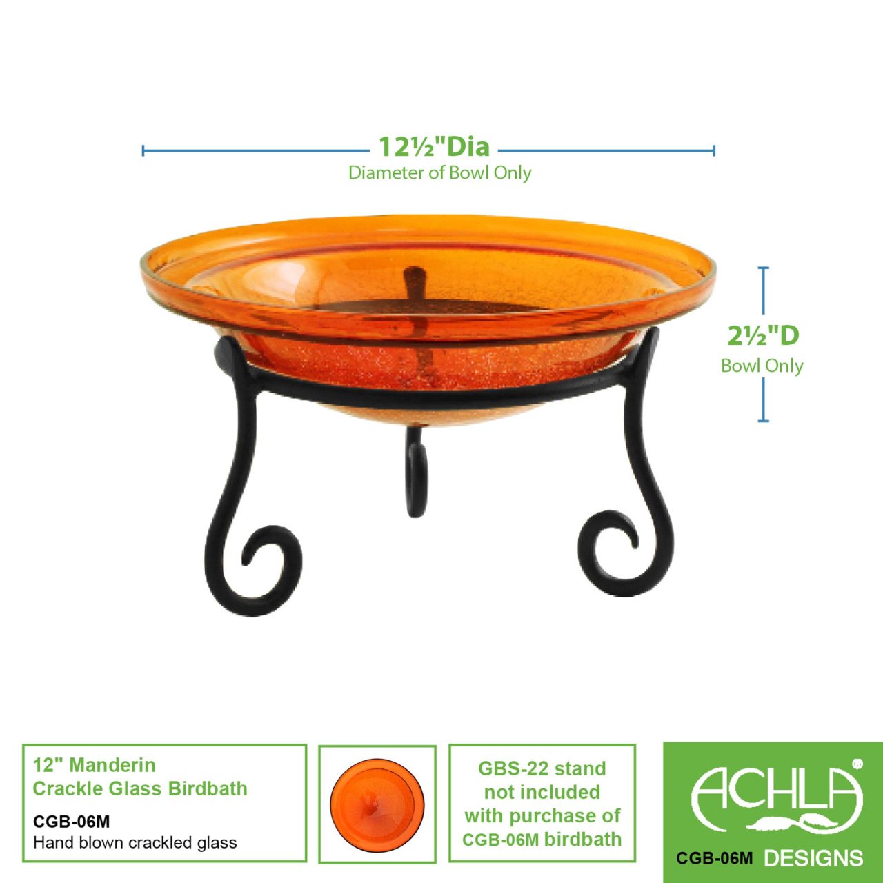 12-in. Birdbath Mandarin Orange Crackle Glass Bowl
