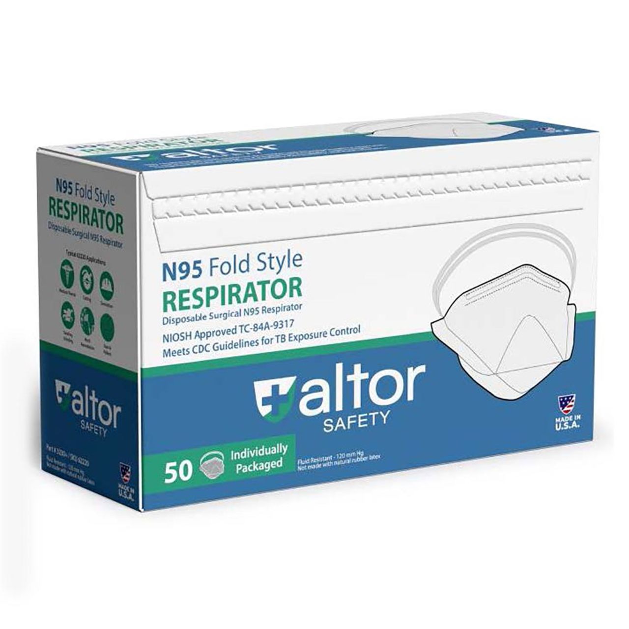 Altor Safety N95 NIOSH Folded Respirator 62220, USA Made, White