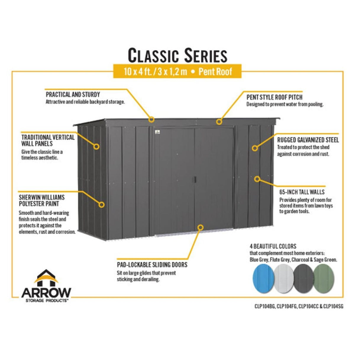 Arrow Classic Steel Storage Shed 10' x 4' , Charcoal
