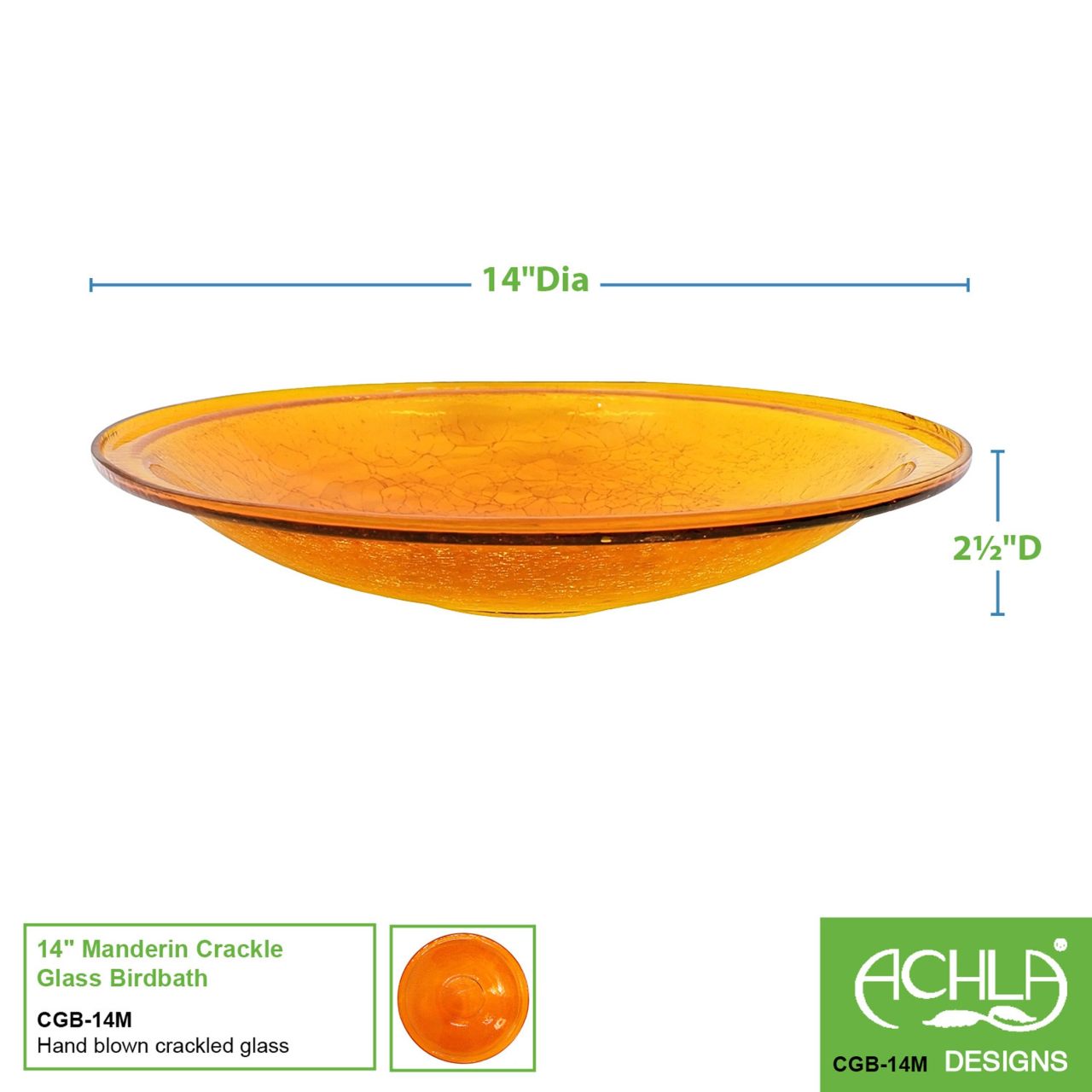 14-in. Mandarin Orange Crackle Glass Bowl Birdbath