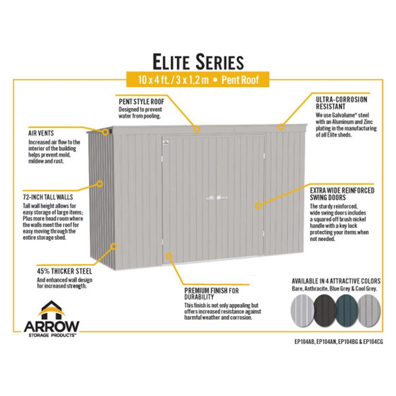 Arrow Elite Steel Storage Shed 10' x 4' Cool Gray