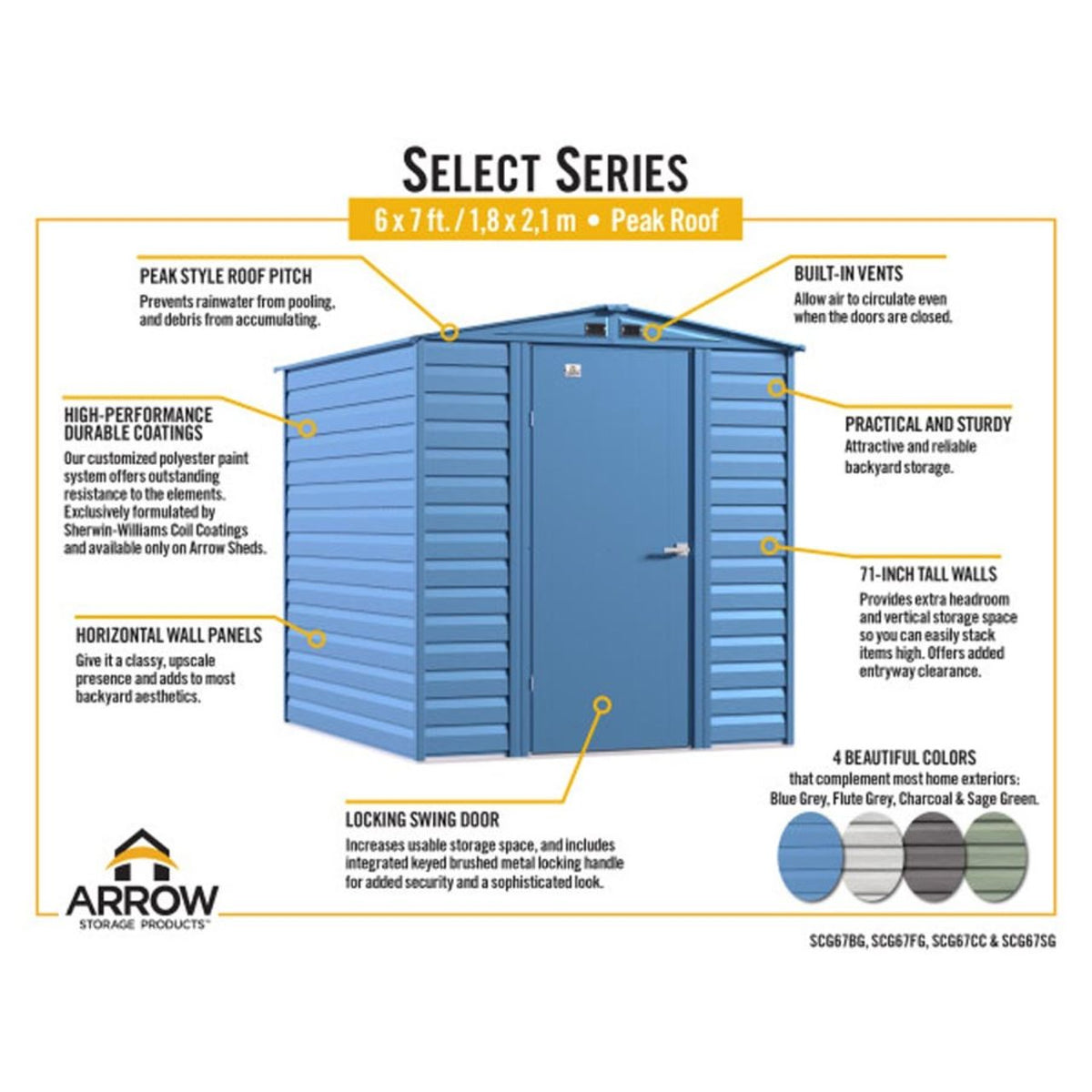 Arrow Select 6' x 7' Steel Storage Shed - Charcoal