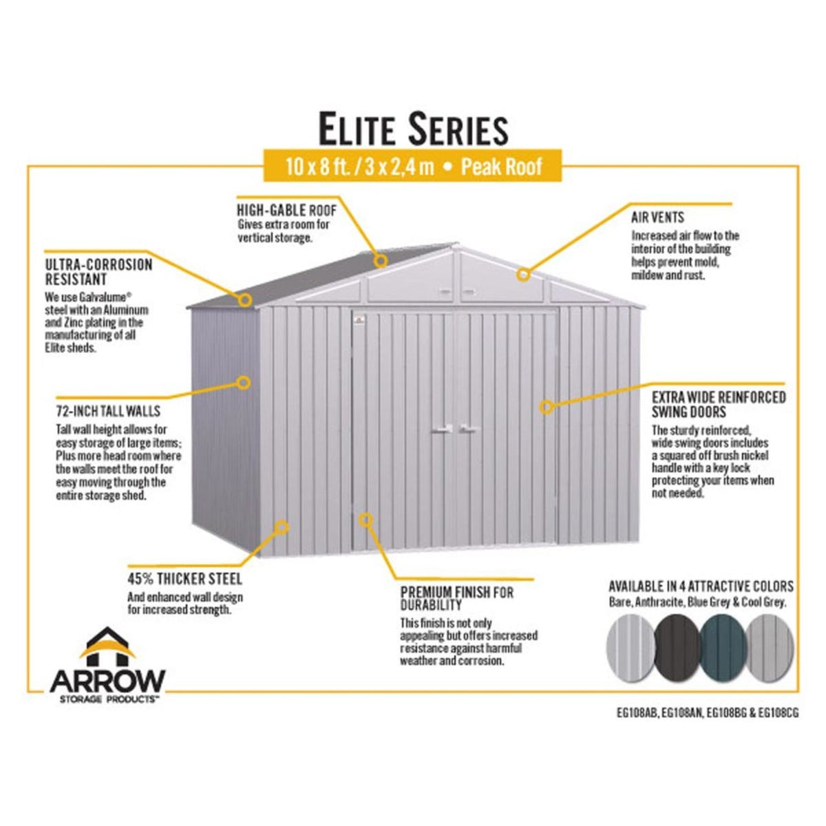 Arrow Elite 10' x 8' Steel Storage Shed - Silver