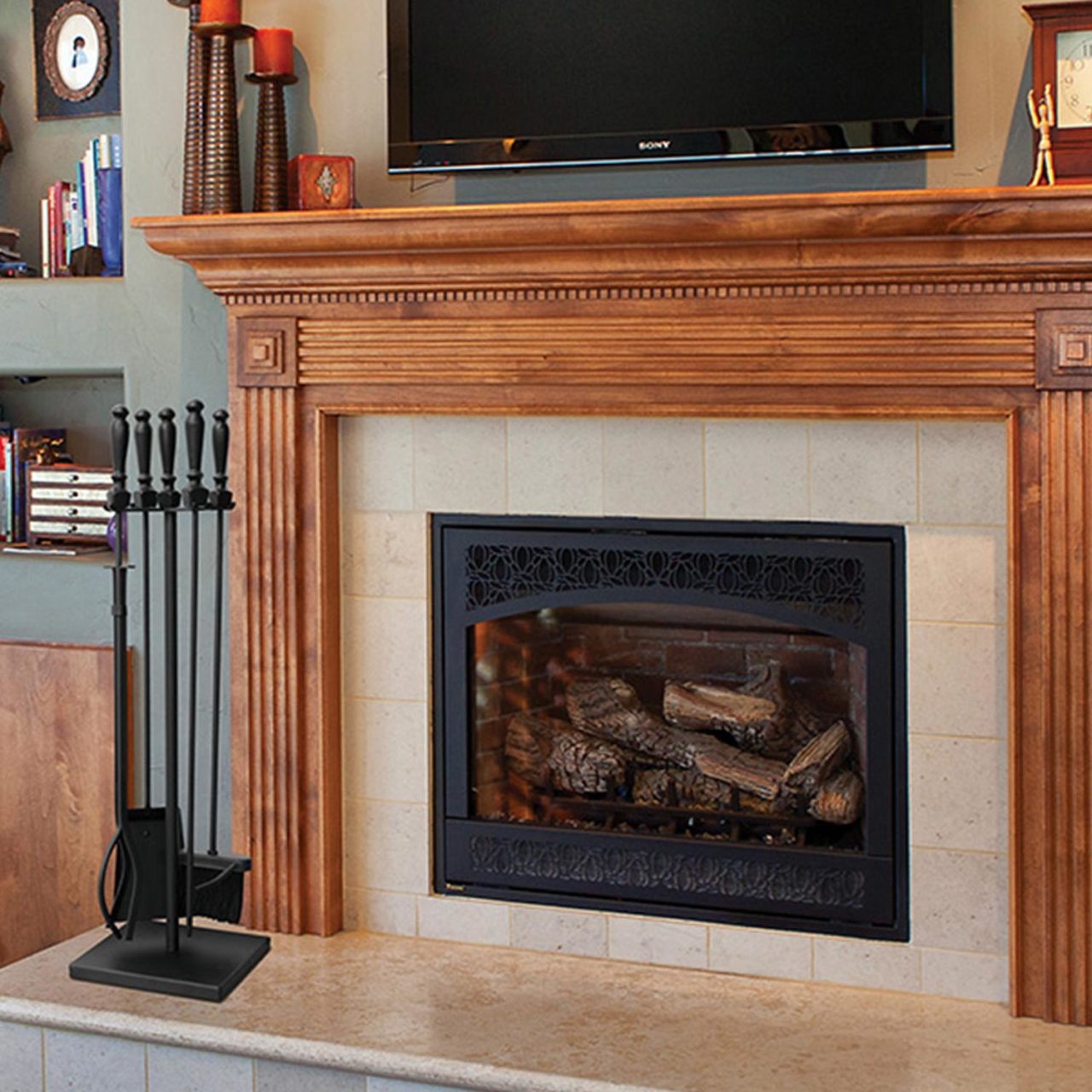 5-Piece Black Wrought Iron Fireset with Ball Handles