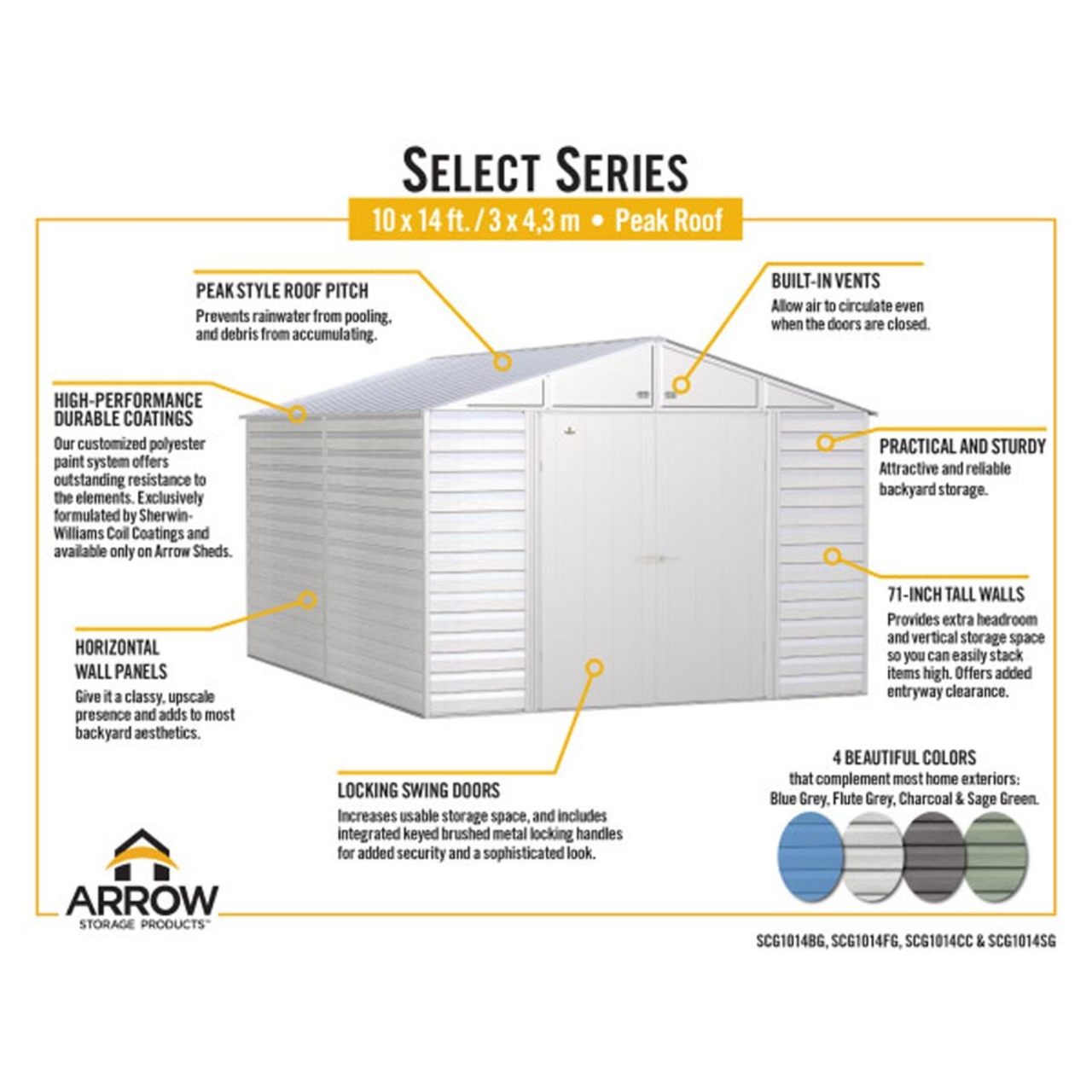 Arrow Select 10' x 14' Steel Storage Shed - Blue Gray