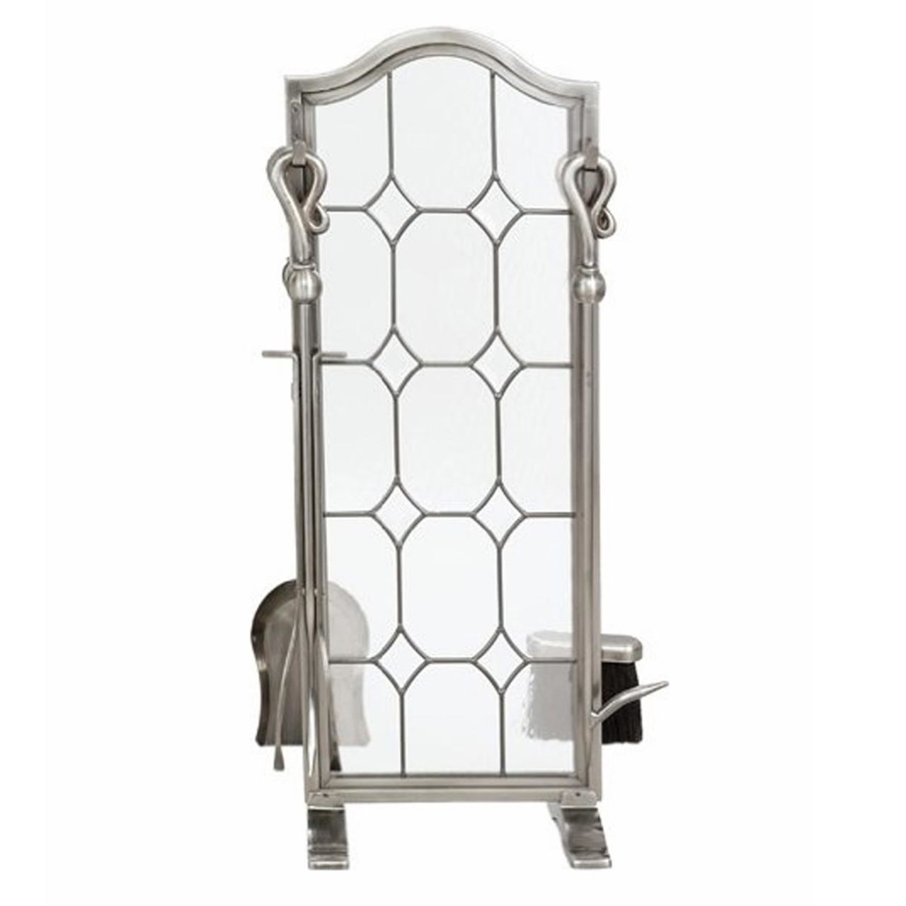 5 Piece Leaded Glass Pewter Fireplace Tool Set - F-1677