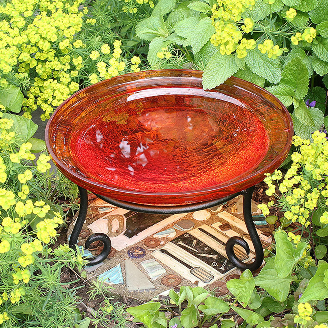 12-in. Birdbath Mandarin Orange Crackle Glass Bowl