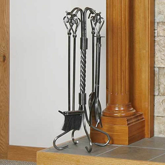 5 Piece Pewter Fireplace Tool Set with Heart Handles - F-1619