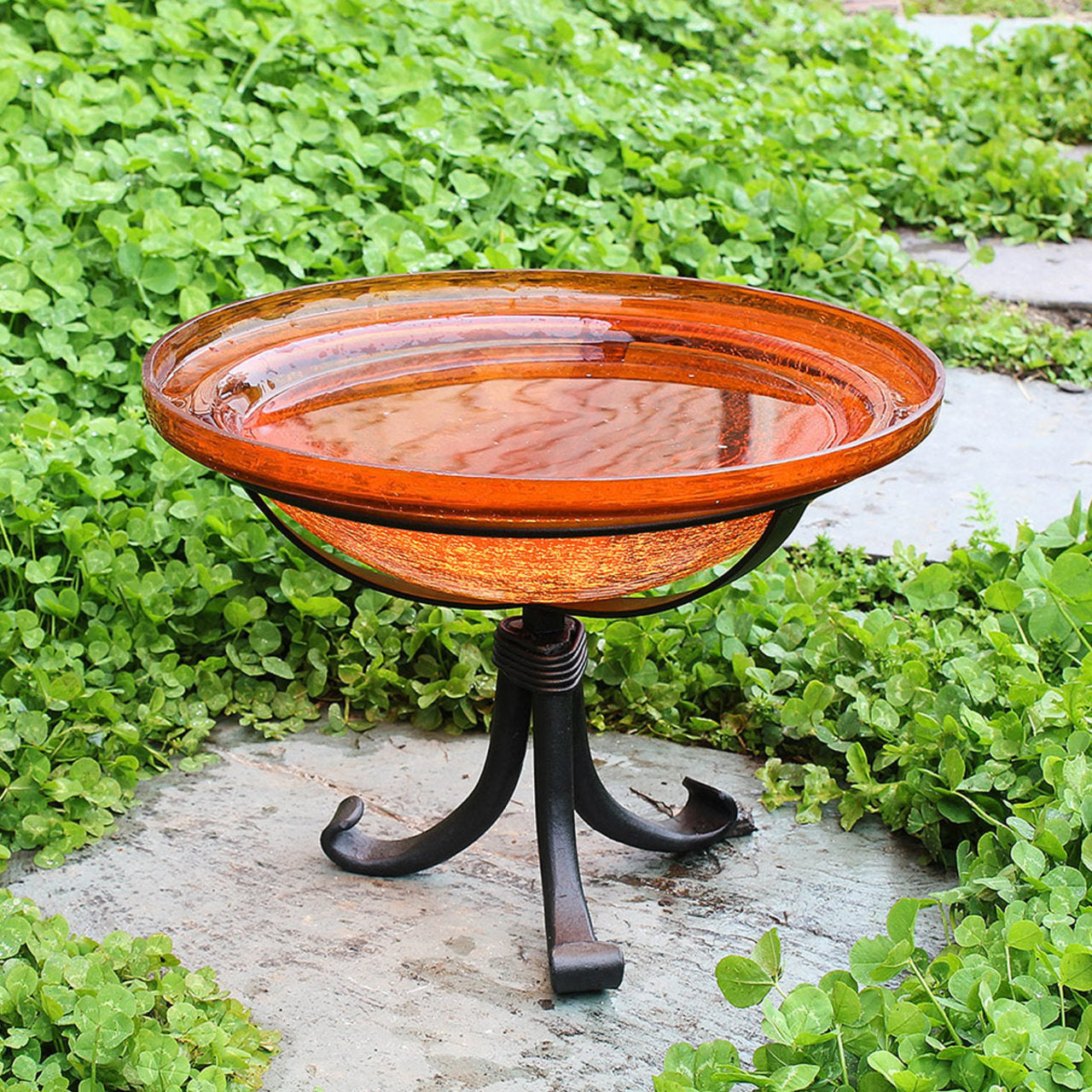 12-in. Birdbath Mandarin Orange Crackle Glass Bowl