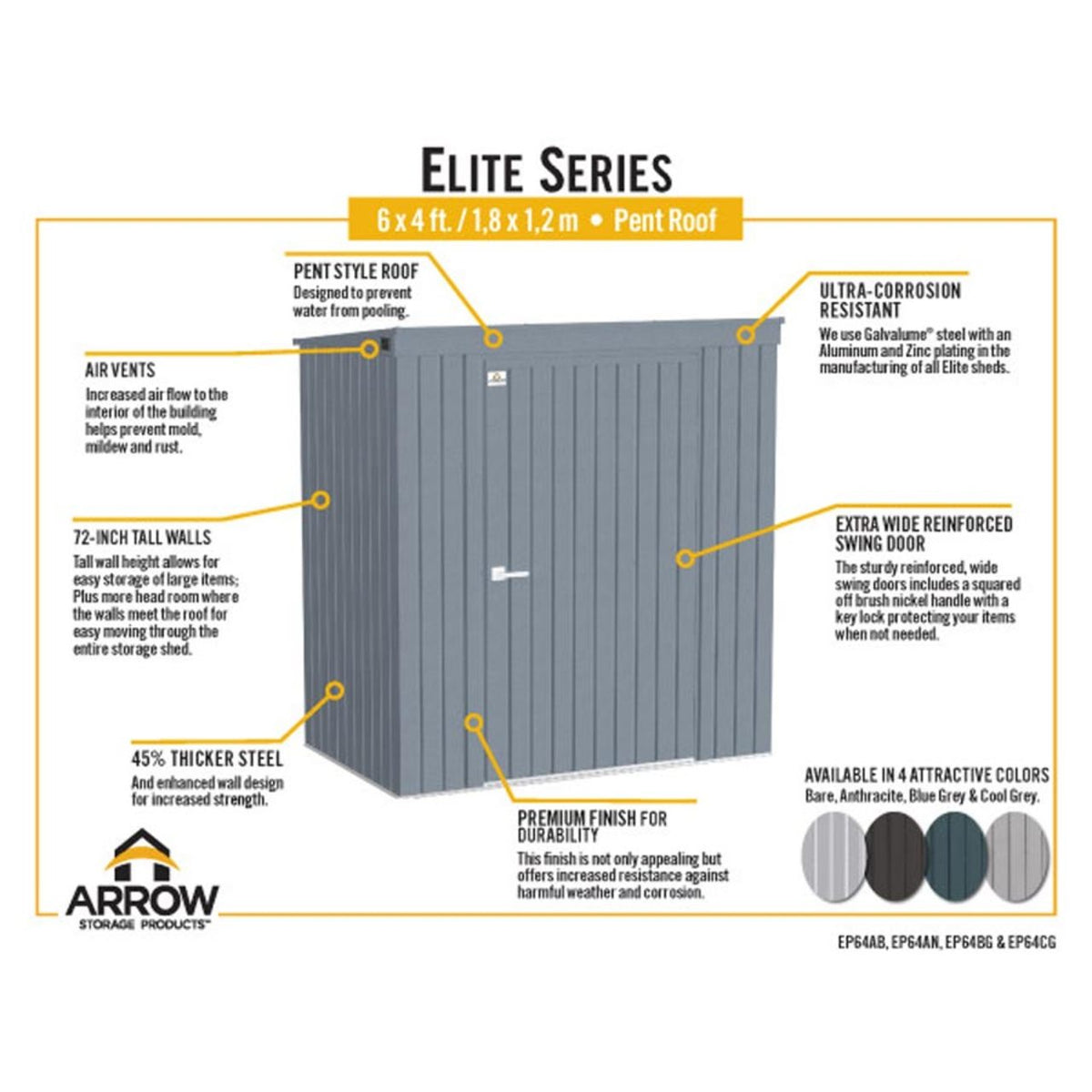 Arrow Elite Steel Storage Shed 6' x 4' - Cool Gray