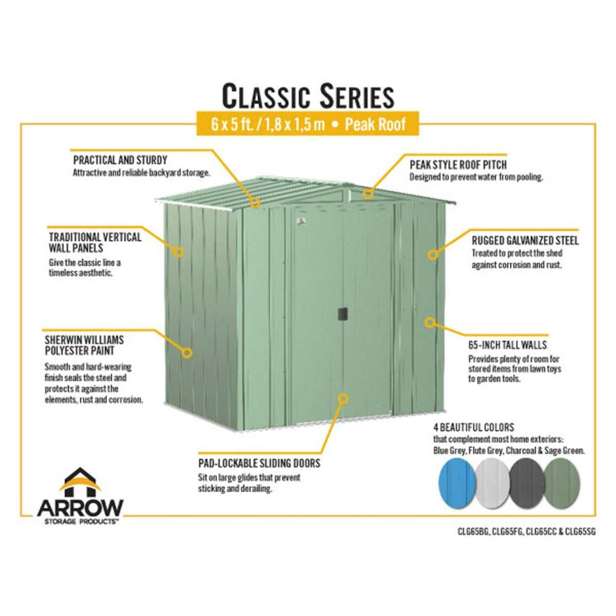 Arrow Classic Steel Storage Shed 6' x 5' - Flute Gray