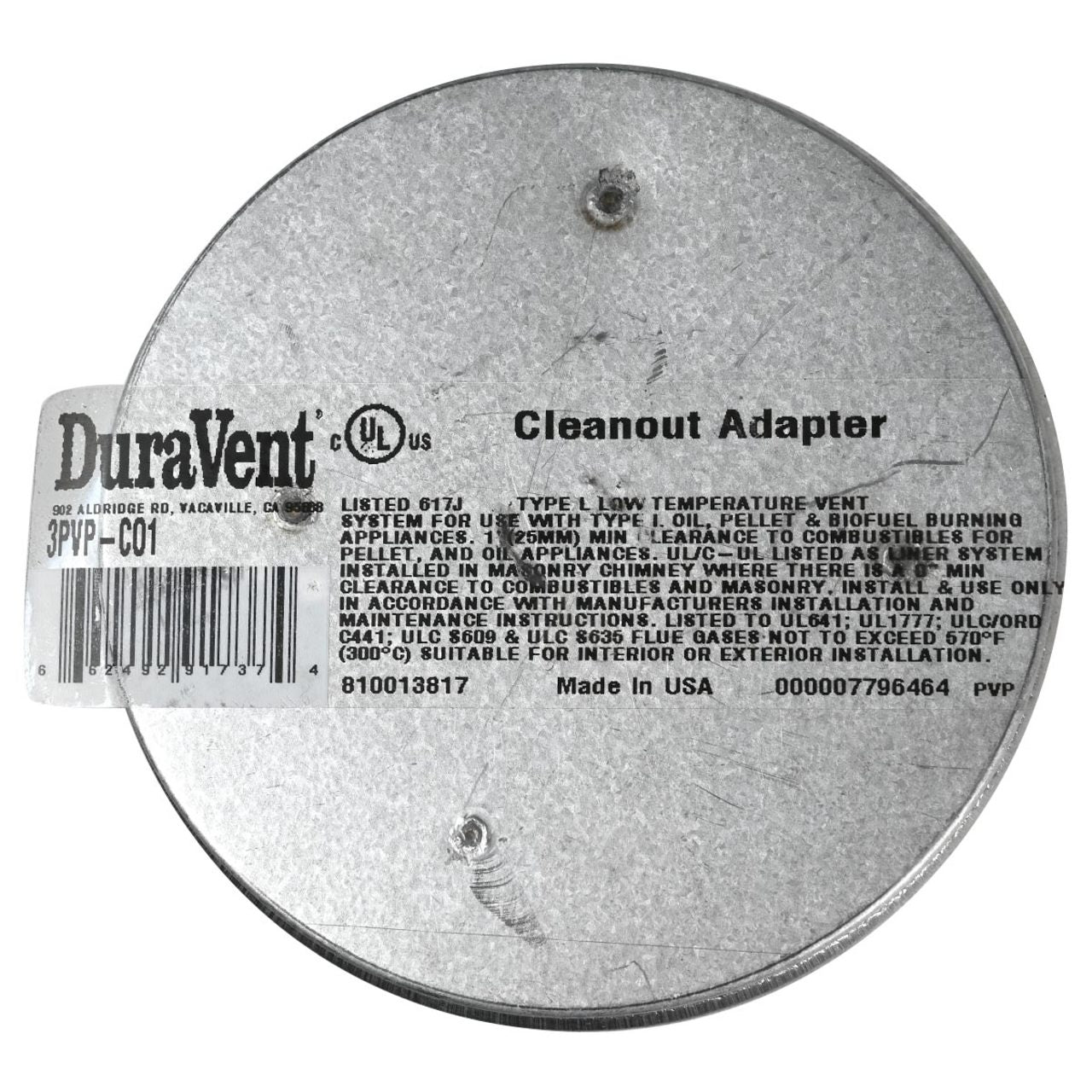 3" PelletVent Pro Galvalume Clean-Out Tee Cap - 3PVP-CO1