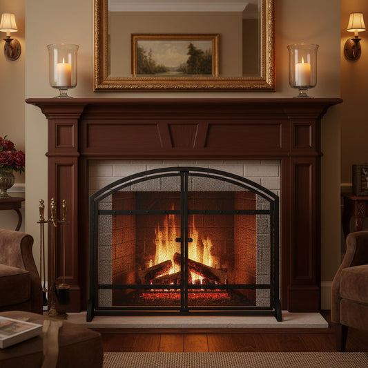 Single Panel Black Wrought Iron Arch Top Screen with Doors