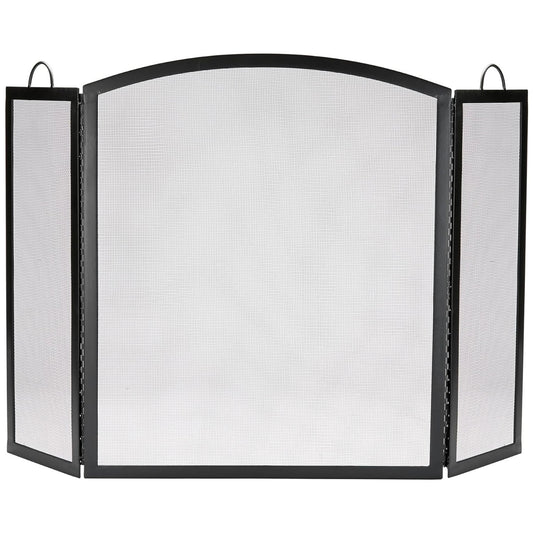 3 Fold Large Wrought Iron Fireplace Screen - Black