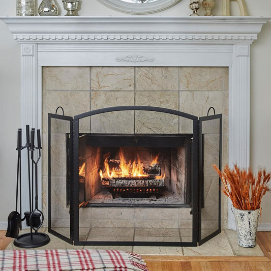 3 Fold Large Wrought Iron Fireplace Screen - Black