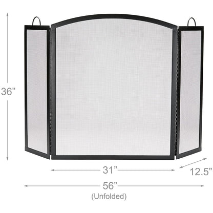3 Fold Large Wrought Iron Fireplace Screen - Black
