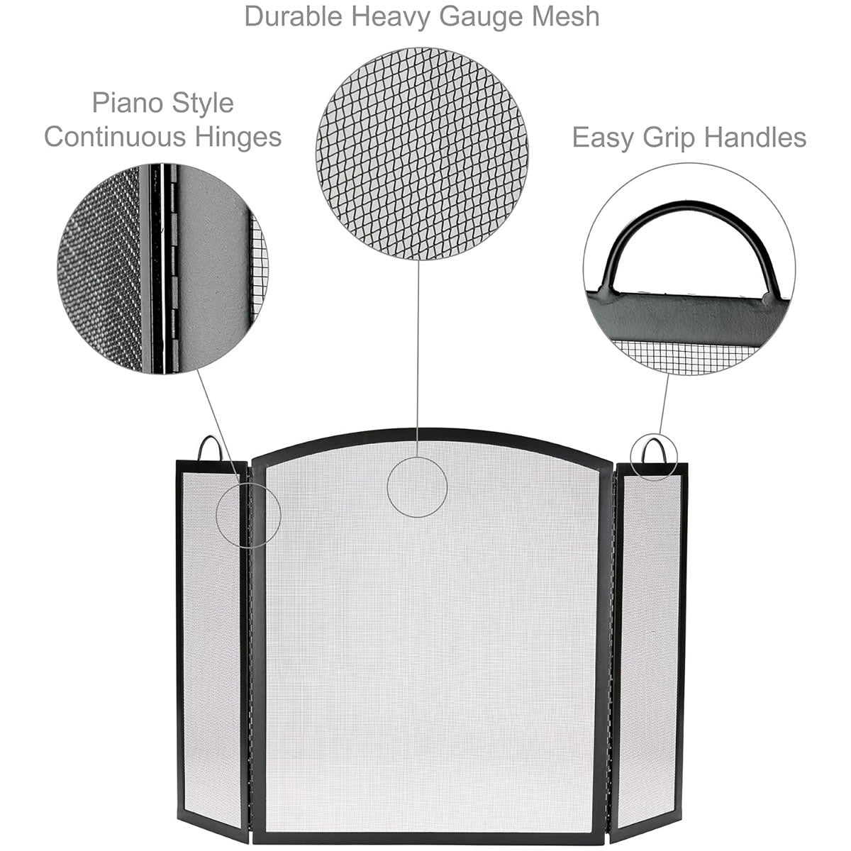 3 Fold Large Wrought Iron Fireplace Screen - Black