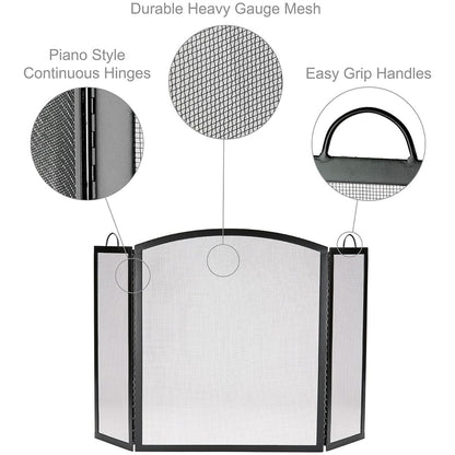 3 Fold Large Wrought Iron Fireplace Screen - Black