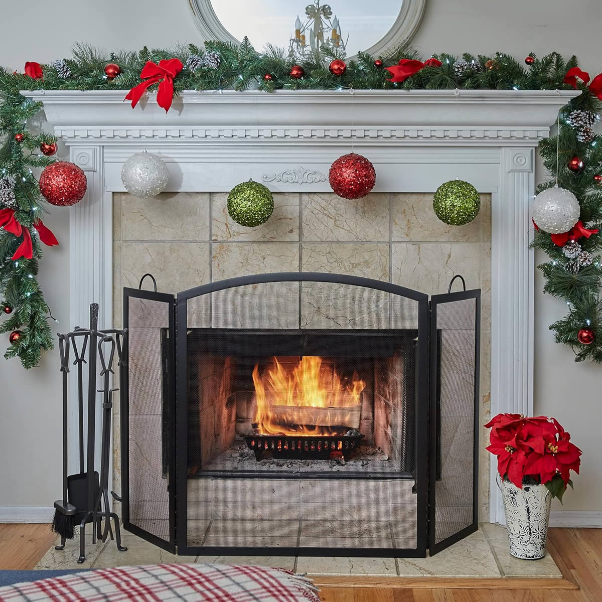 3 Fold Large Wrought Iron Fireplace Screen - Black