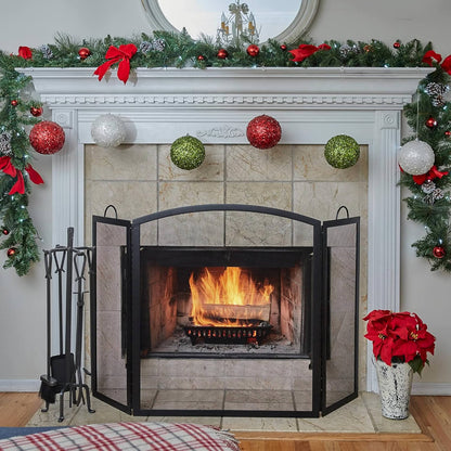 3 Fold Large Wrought Iron Fireplace Screen - Black