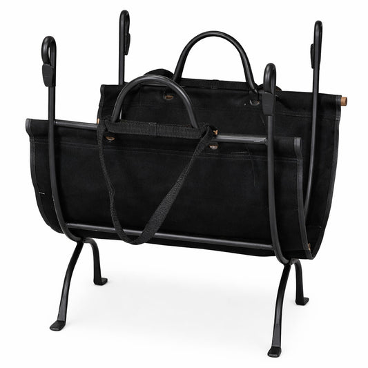 Deluxe Wrought Iron Log Holder with Carrier - Black