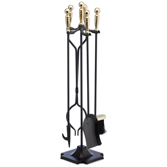 5 Piece Black and Brass Fireplace Tool Set