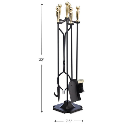 5 Piece Black and Brass Fireplace Tool Set