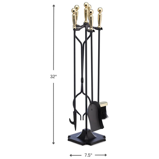 5 Piece Black and Brass Fireplace Tool Set