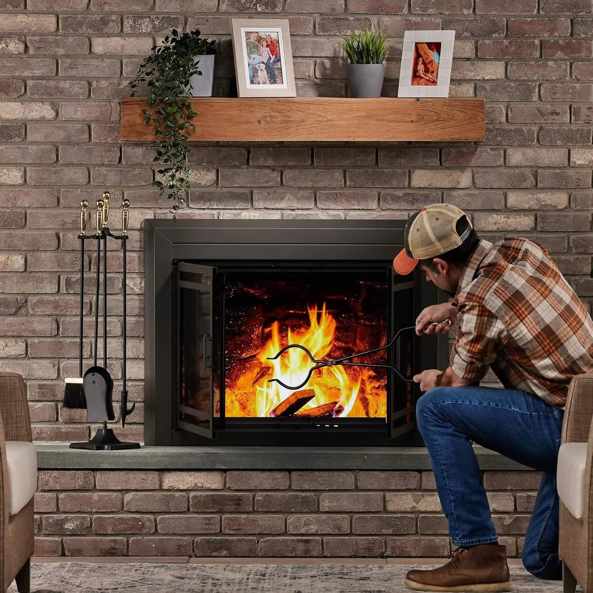 5 Piece Black and Brass Fireplace Tool Set