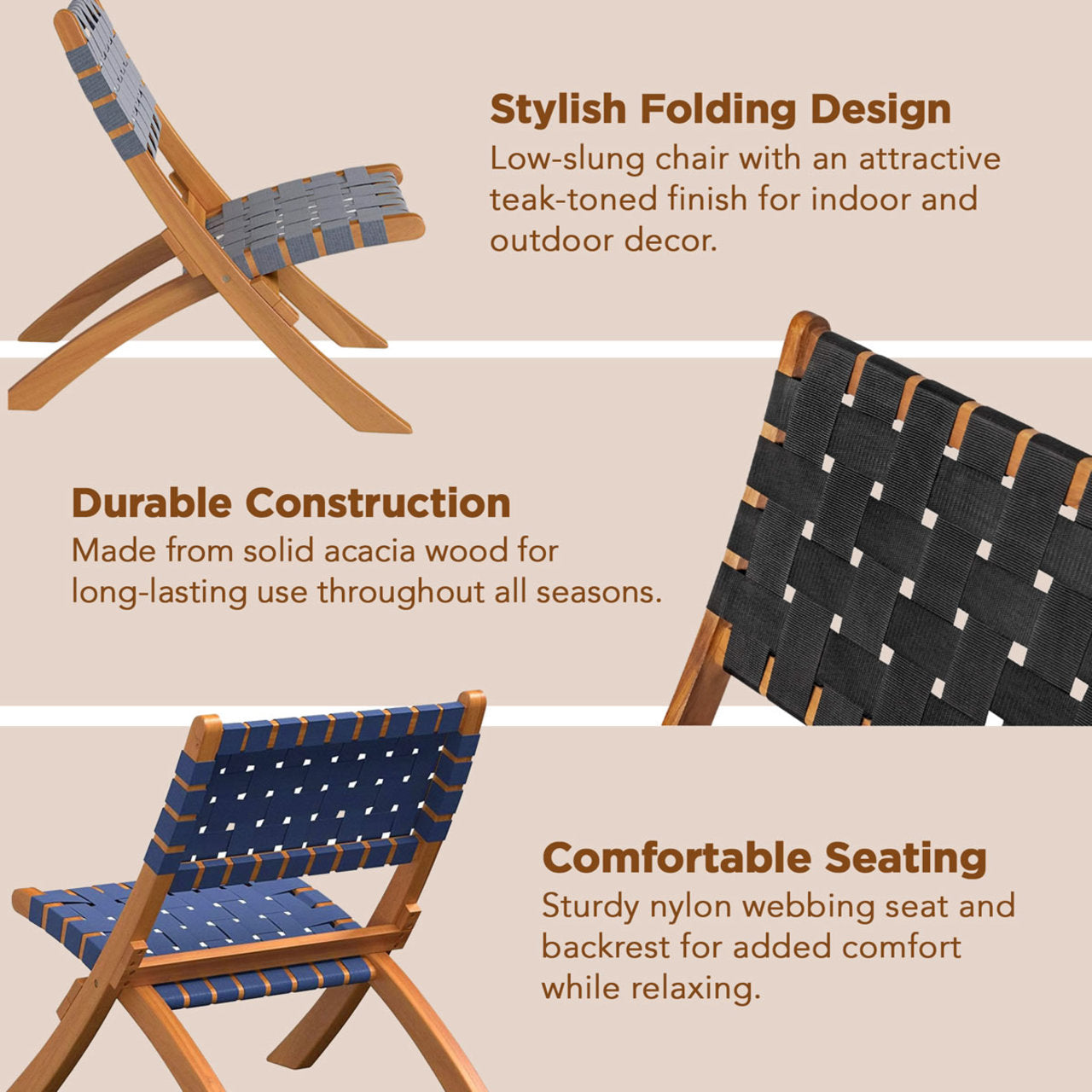 Fire Sense Sava Indoor-Outdoor Folding Chair in Black/Natural/Navy Blue/Warm Grey/Brown Webbing - 62774 - 64159 - 63636 - 63637 - 64098