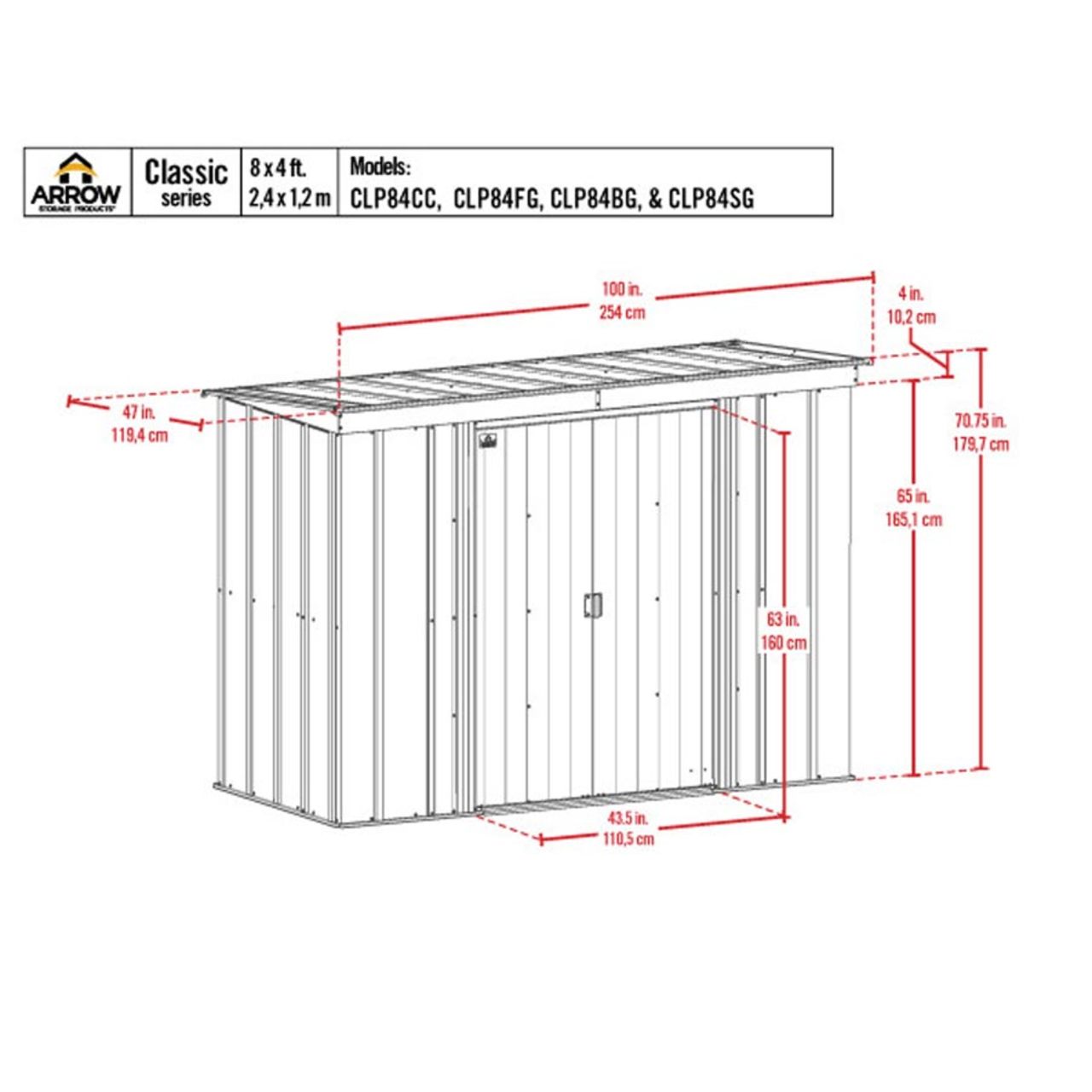 Arrow Classic Steel Storage Shed 8' x 4' -  Flute Gray