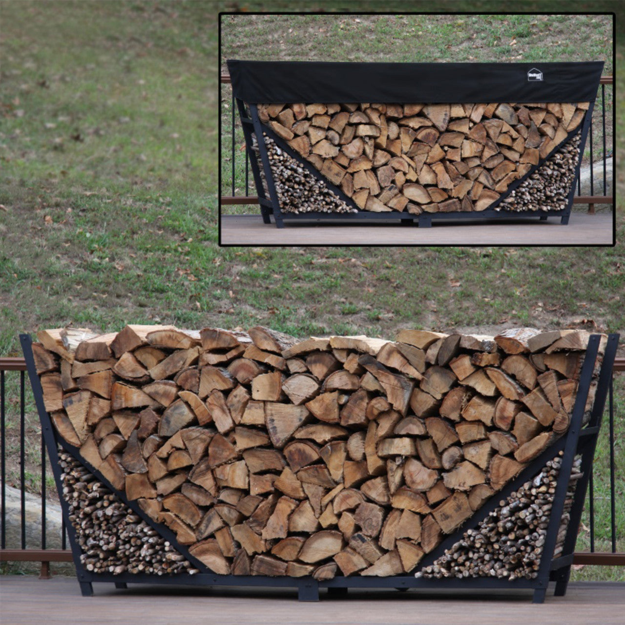 SHELTER-IT 8' Slanted Side Black Firewood Storage Rack with Kindling Storage - 1' Cover Included