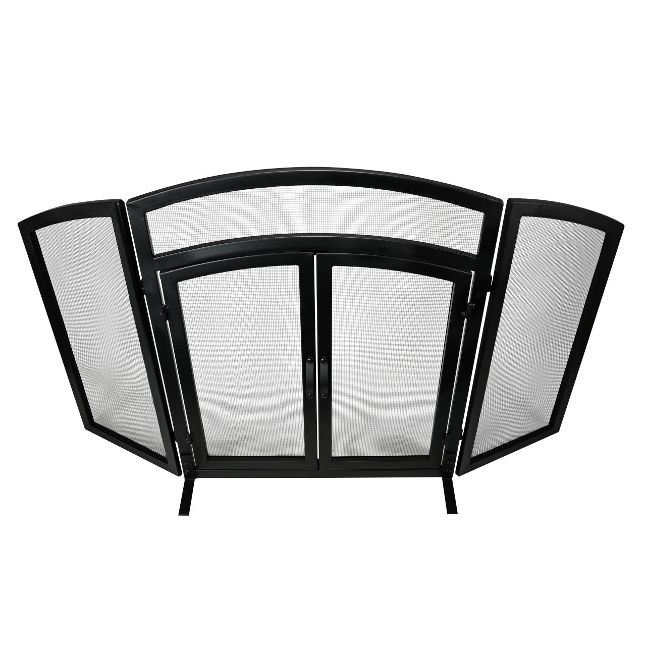 3 Panel Black Wrought Iron Arch Top Fireplace Screen with Doors