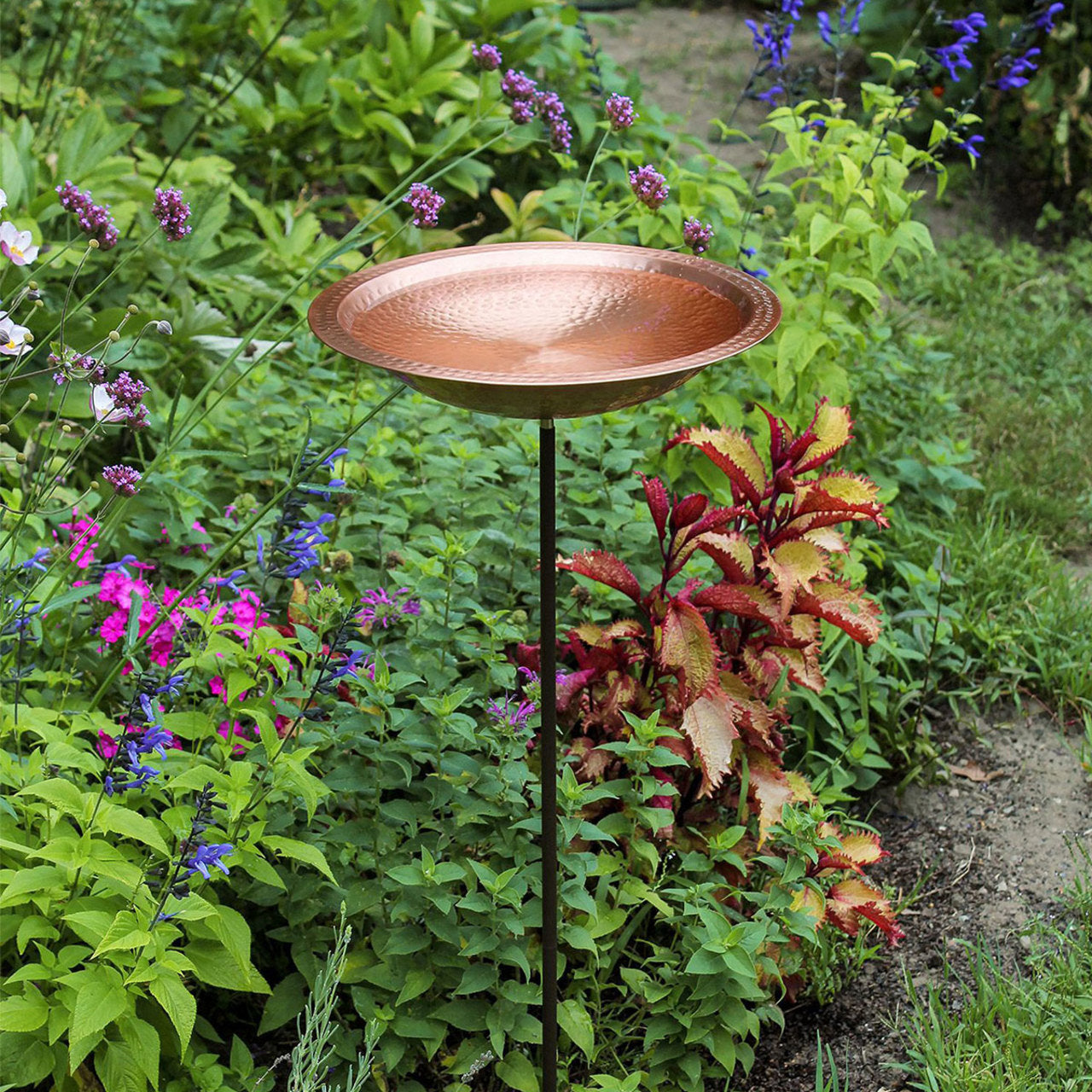 14" Solid Hammered Copper Bowl w/ Rim w/ Stake