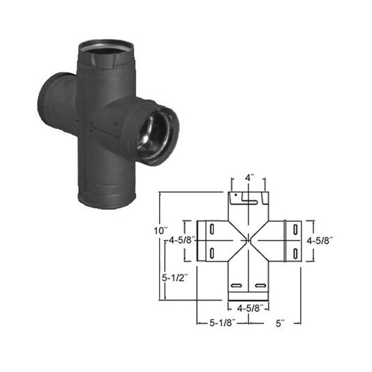 4" PelletVent Pro Black Double Tee with Clean-Out Cap - 4PVP-DBTB1