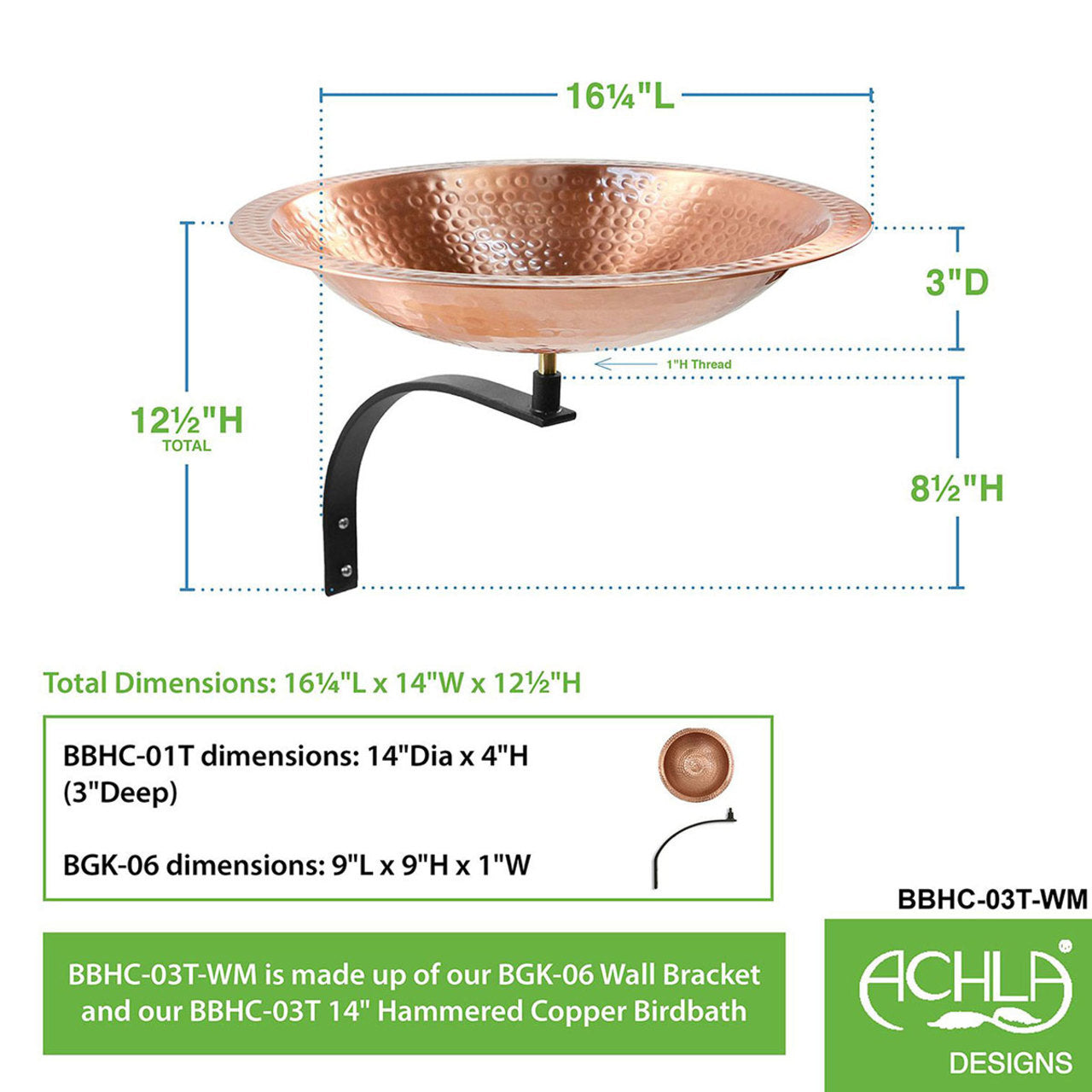 14" Solid Hammered Copper Birdbath with Wall Mount Bracket