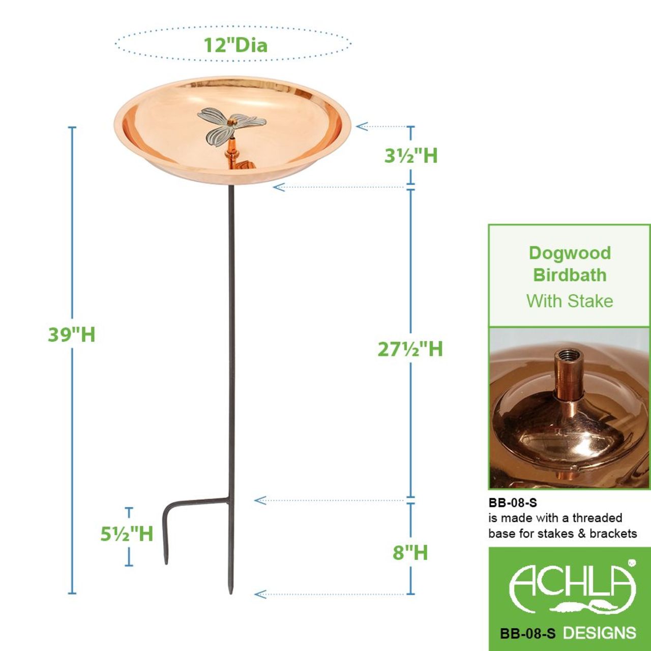 12" CopperDogwood Copper Birdbath with Stake