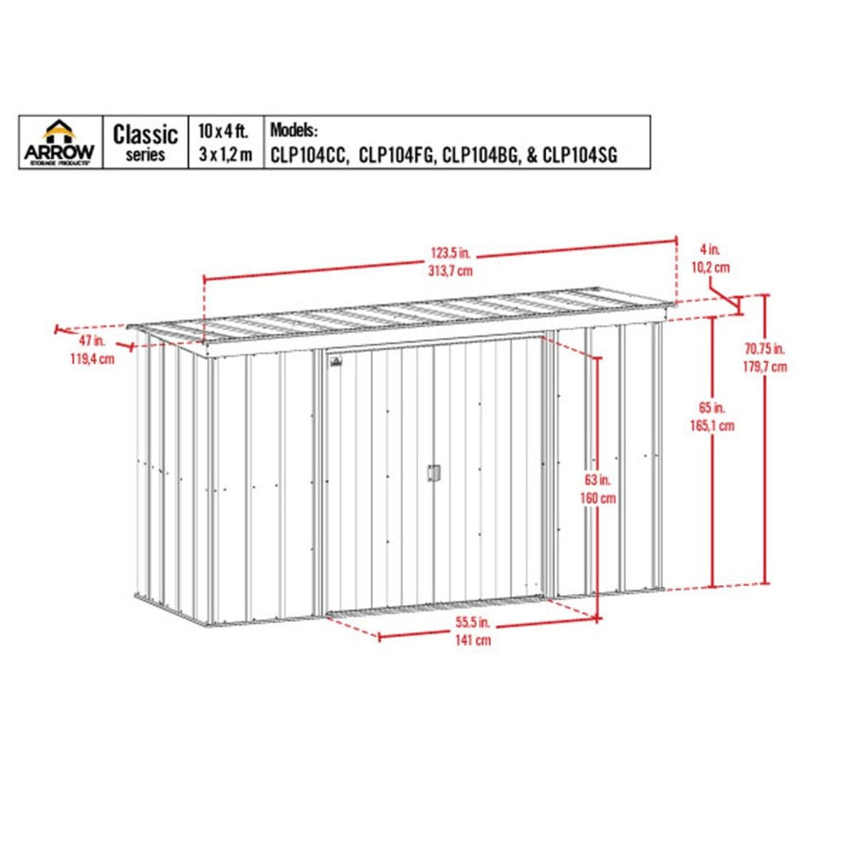 Arrow Classic Steel Storage Shed  10' x 4' , Charcoal