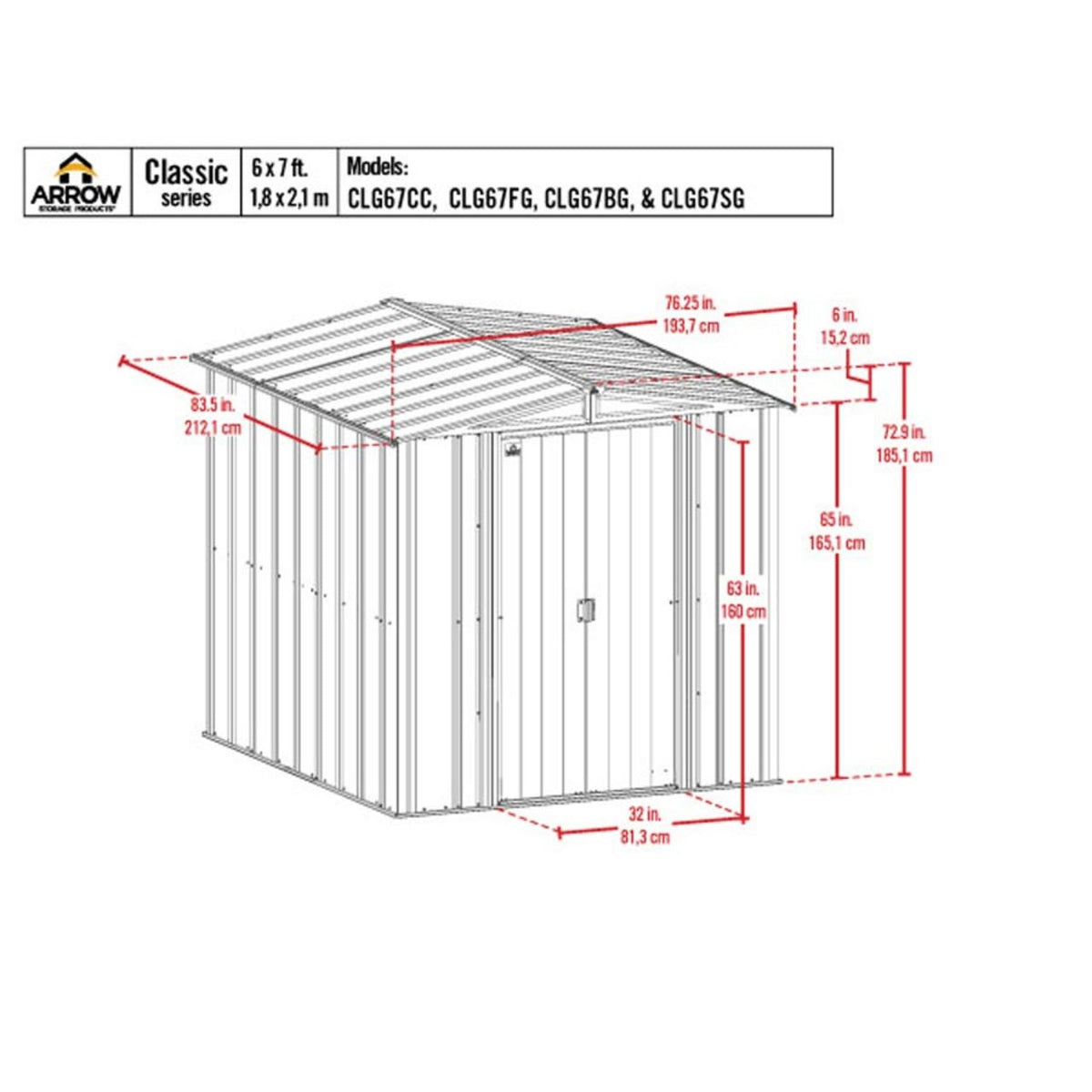 Arrow Classic Steel Storage Shed 6' x 7' Flute Gray