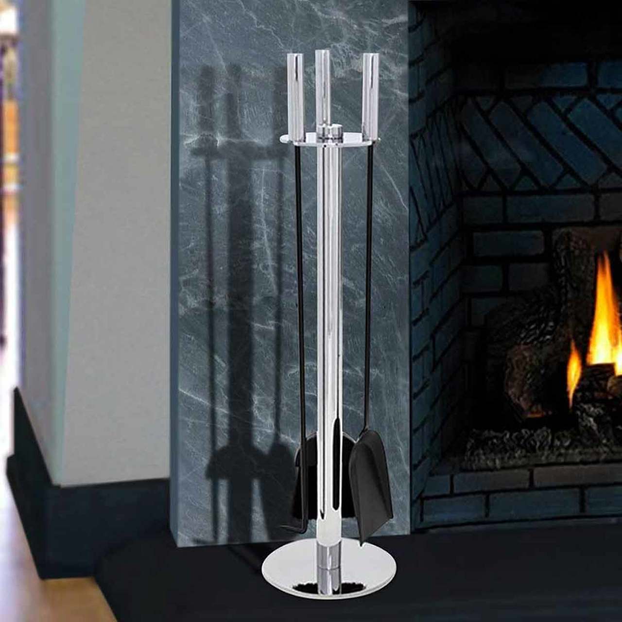 Pilgrim Polished Nickel and Black Panorama Fireplace Tool Set