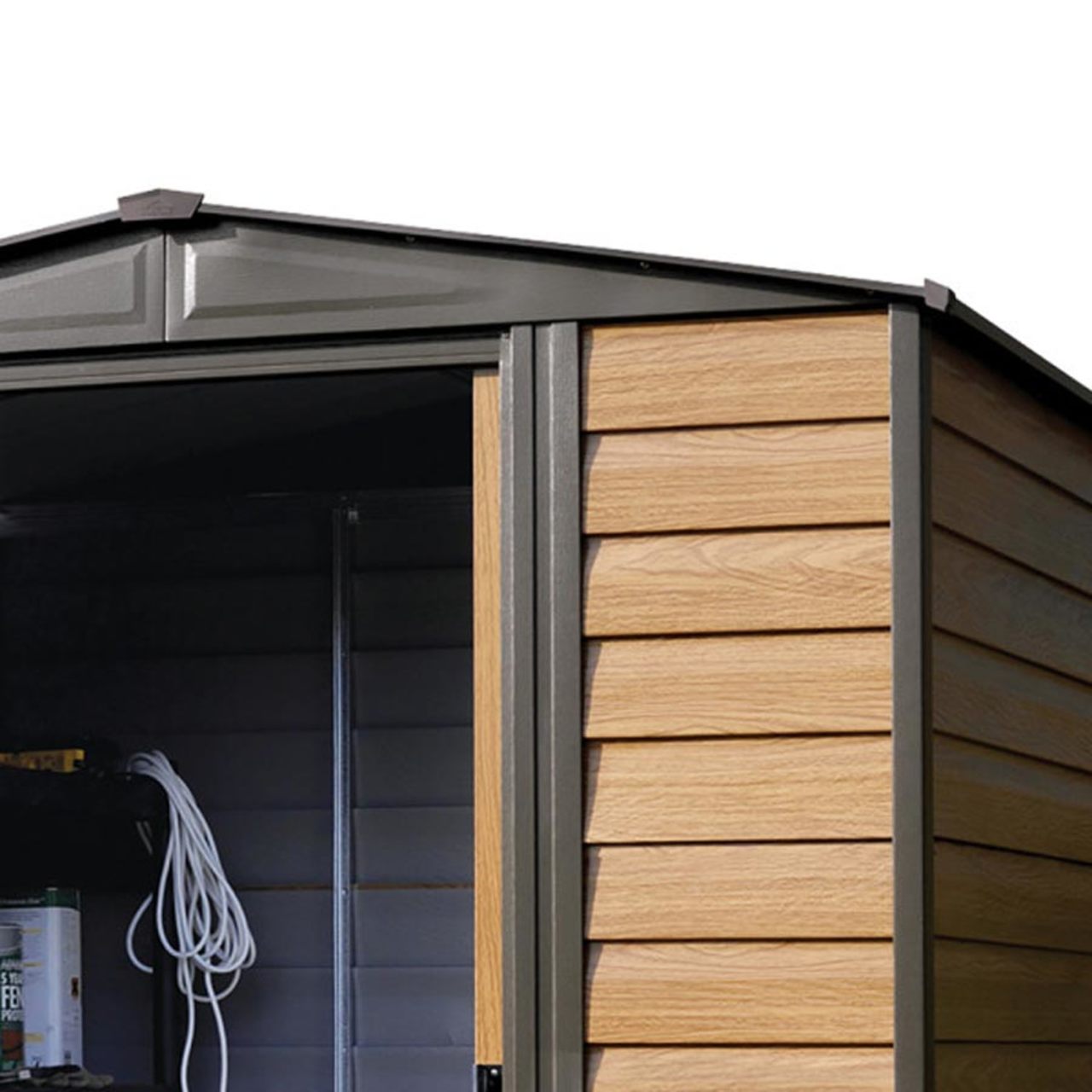 Woodridge 6' x 5' Steel Storage Shed in Coffee and Woodgrain