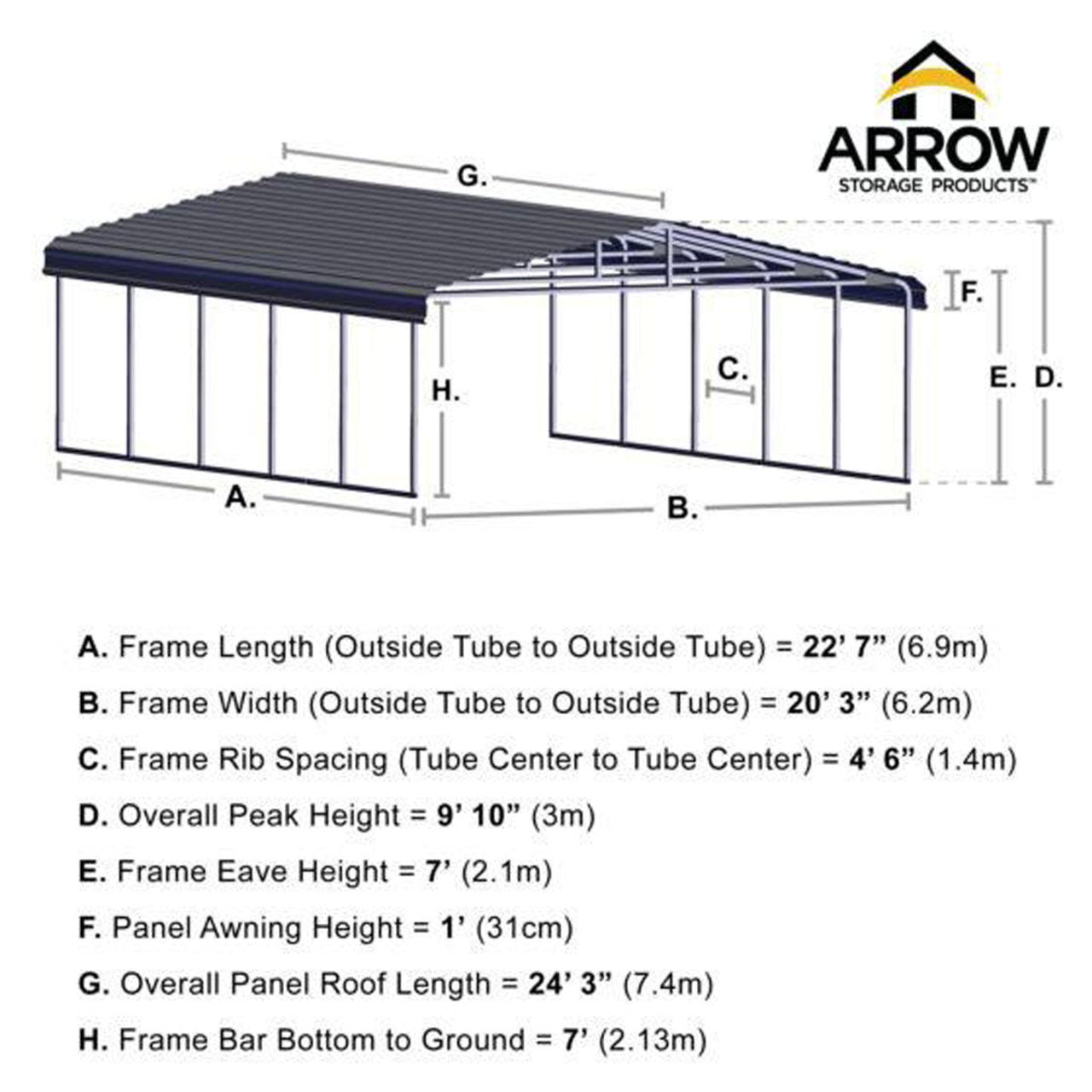 Arrow Carport 20 x 24 x 7 Ft. - Eggshell