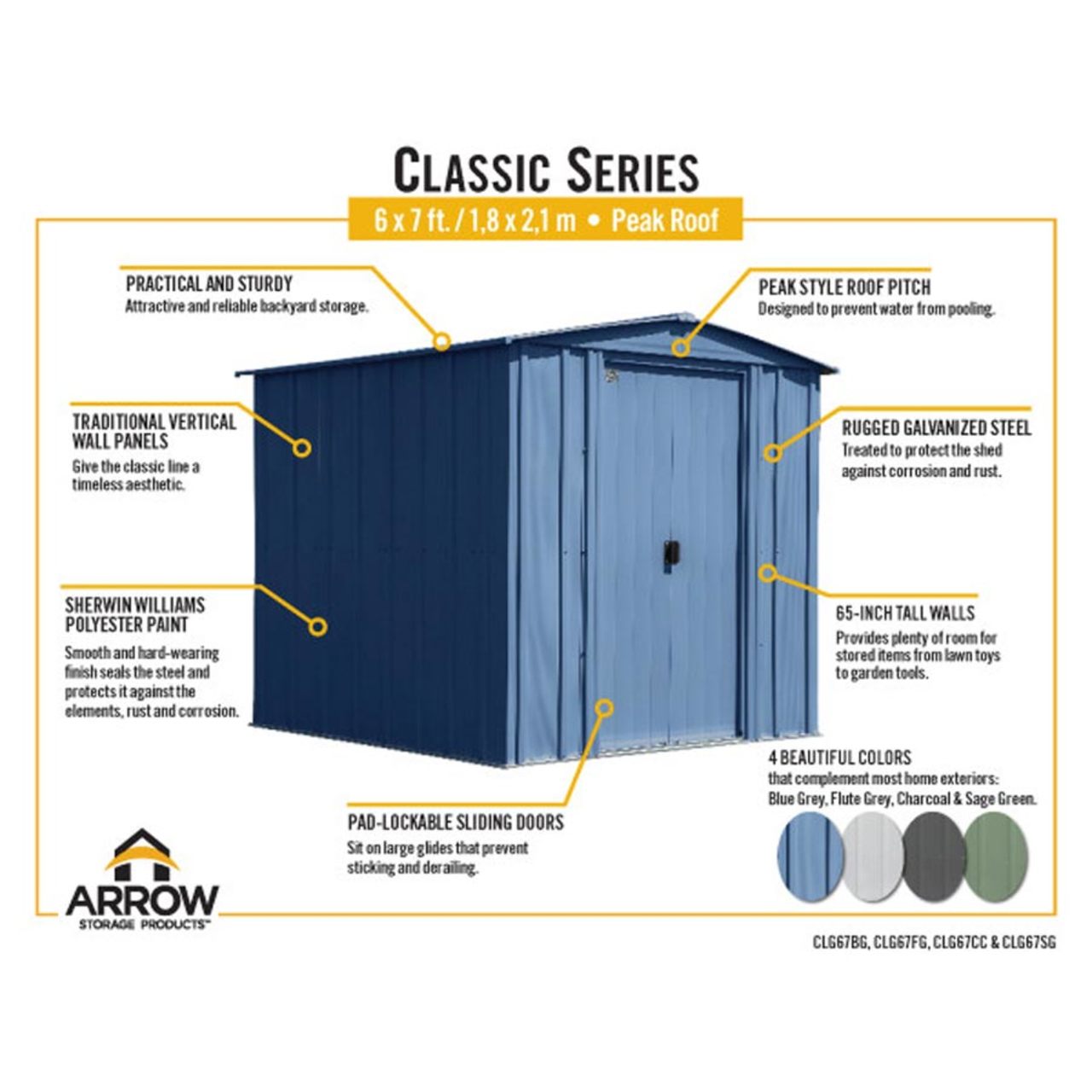 Arrow Classic Steel Storage Shed 6' x 7' Flute Gray