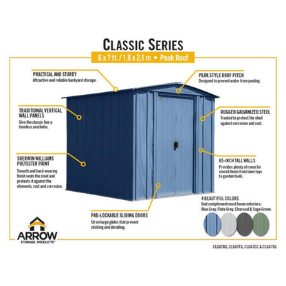 Arrow Classic Steel Storage Shed 6' x 7' Flute Gray
