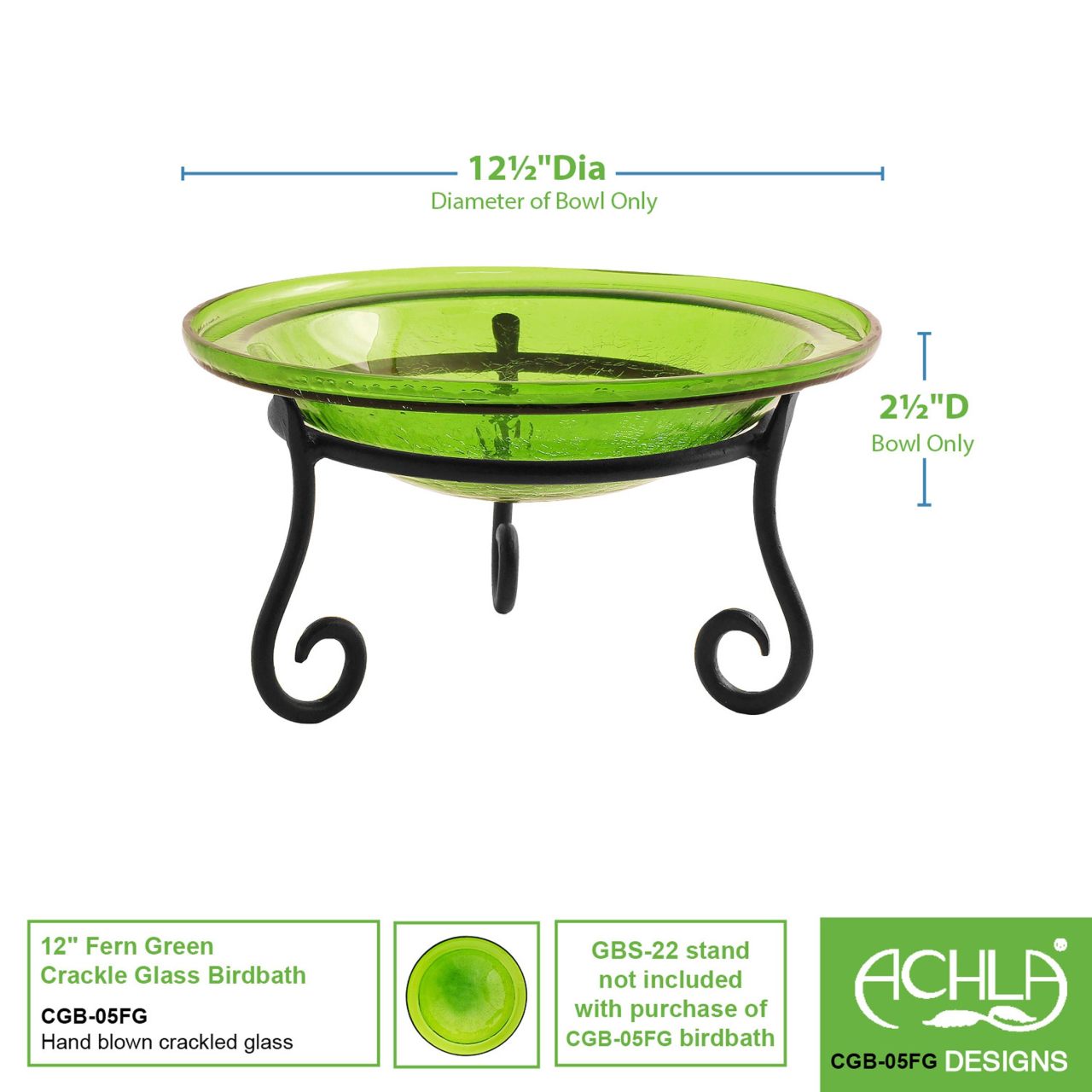 12-in. Fern Green Crackle Glass Bowl Bird Bath