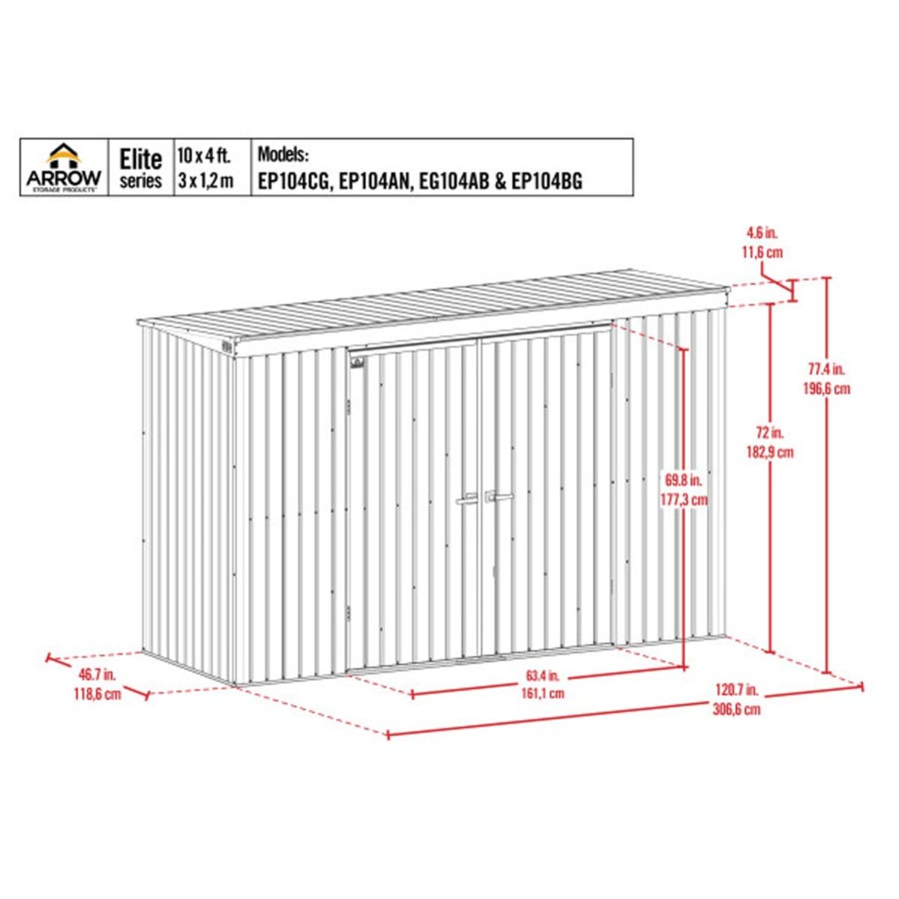 Arrow Elite Steel Storage Shed  10' x 4'  Cool Gray